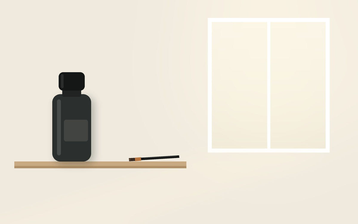 Illustration: bottle and brush on a shelf in window light