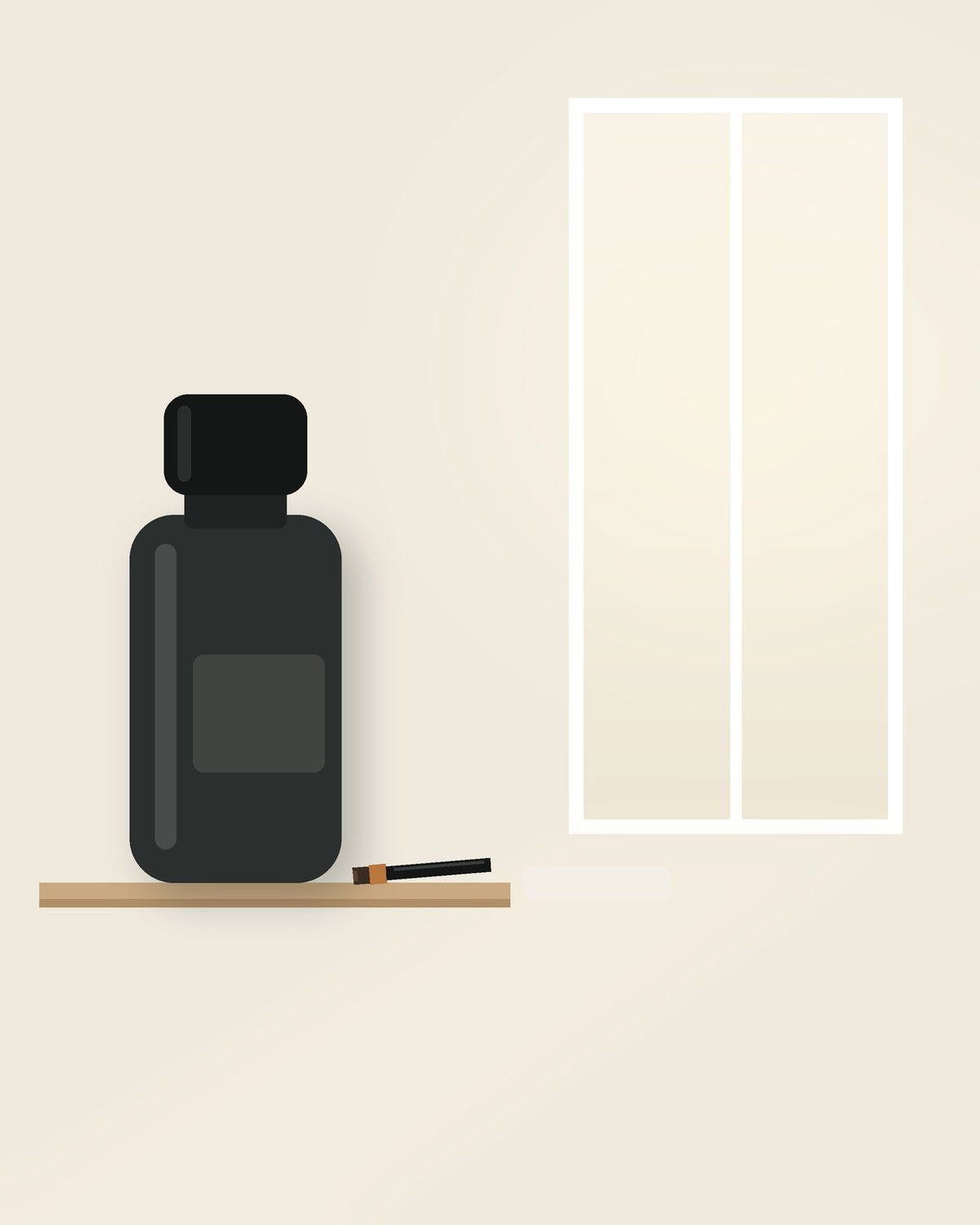 Illustration: bottle, brush and towel on a bathroom shelf