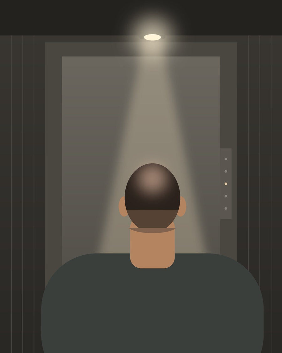 Illustration: man in an elevator under a ceiling spotlight